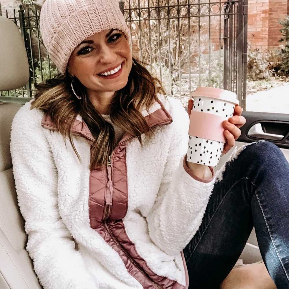 White & Pink Sherpa Zip Up